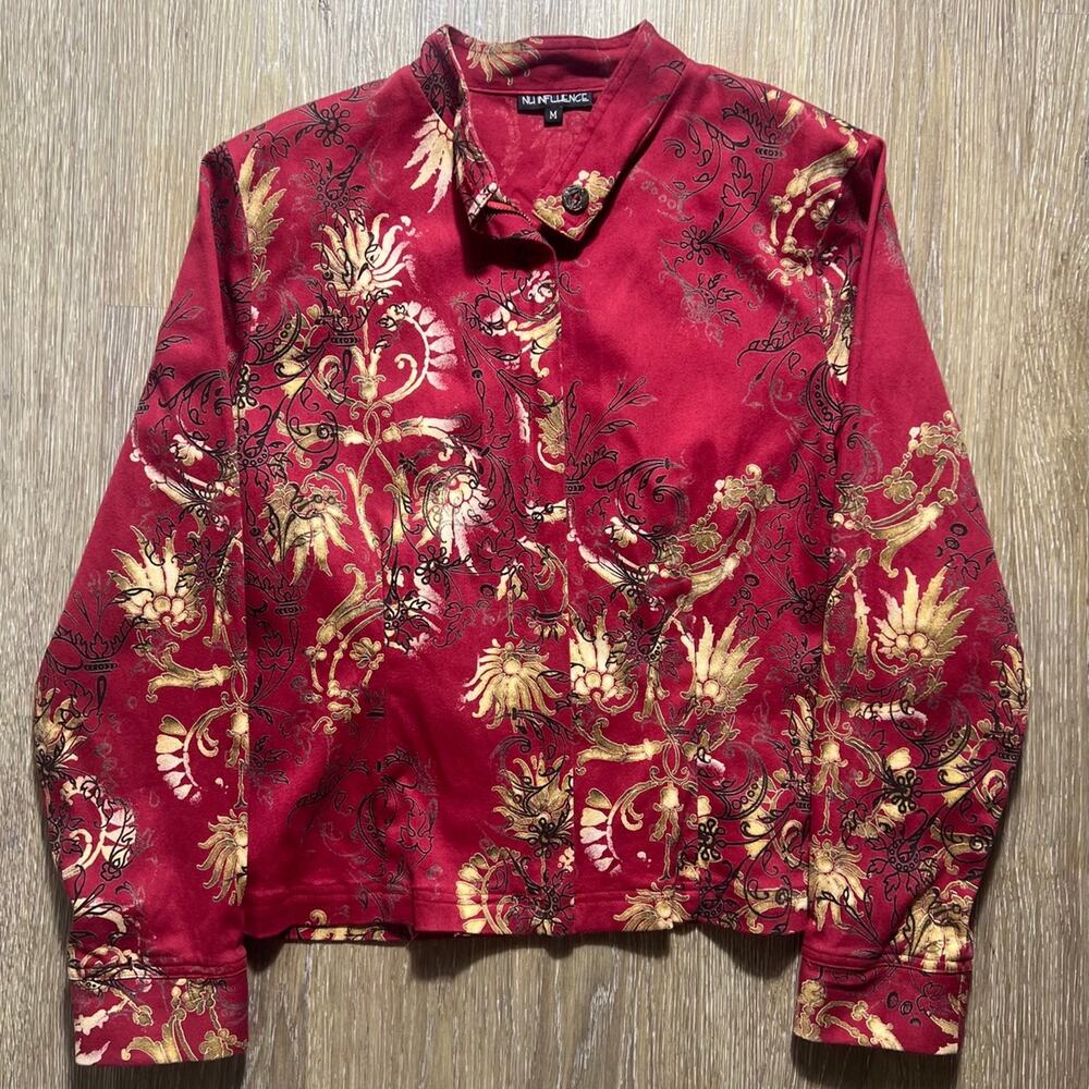 Y2K Nu Influence Jacket Red Gold Baroque Floral Print Zip Up Size medium